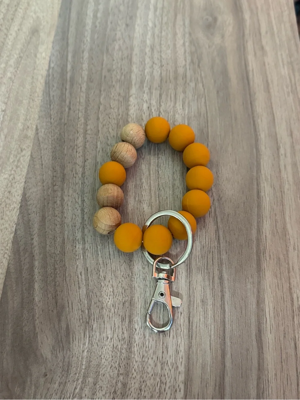 Beaded Wristlet Keychain with Mustard Yellow and Natural Wood